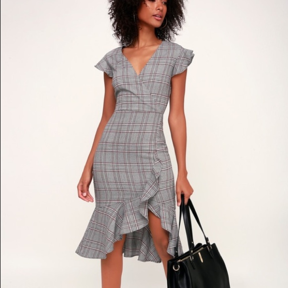 Poised For a Promotion Grey Plaid Ruffle Dress!